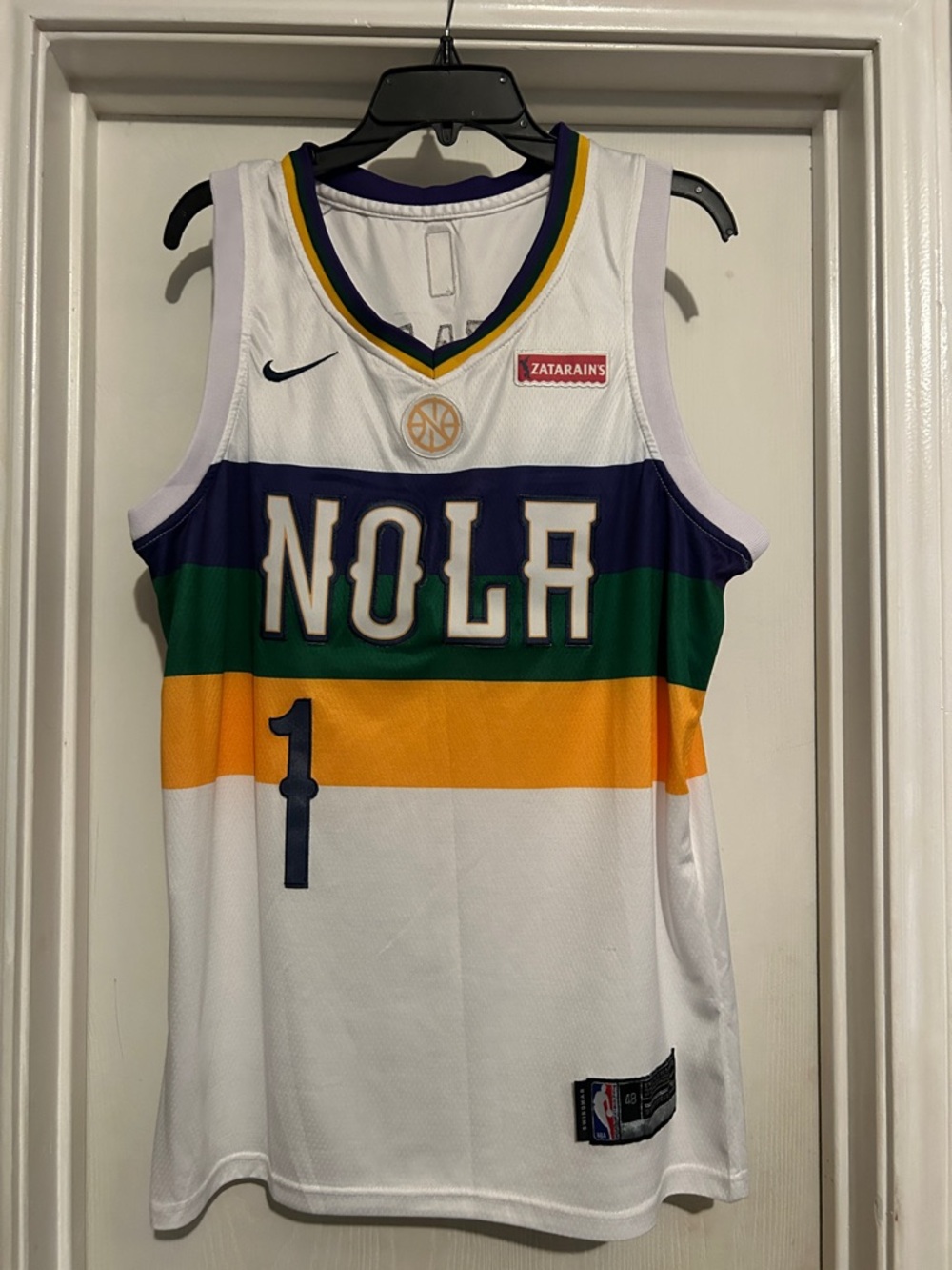 Nike White NBA Swingman Jersey with Black/Red/Blue Tag
